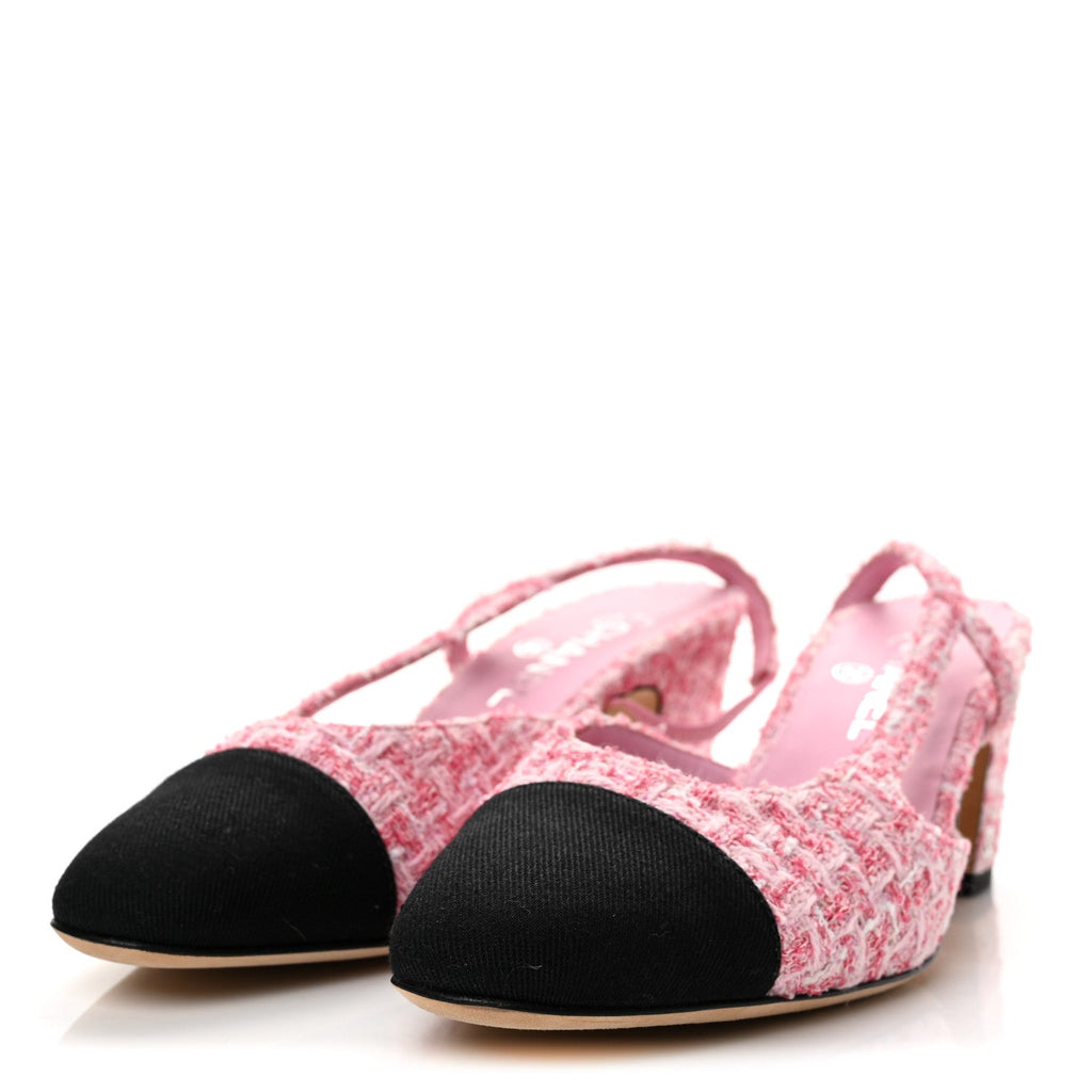 Chanel Tweed Grosgrain CC Women's Slingback Pumps 40 Pink Black