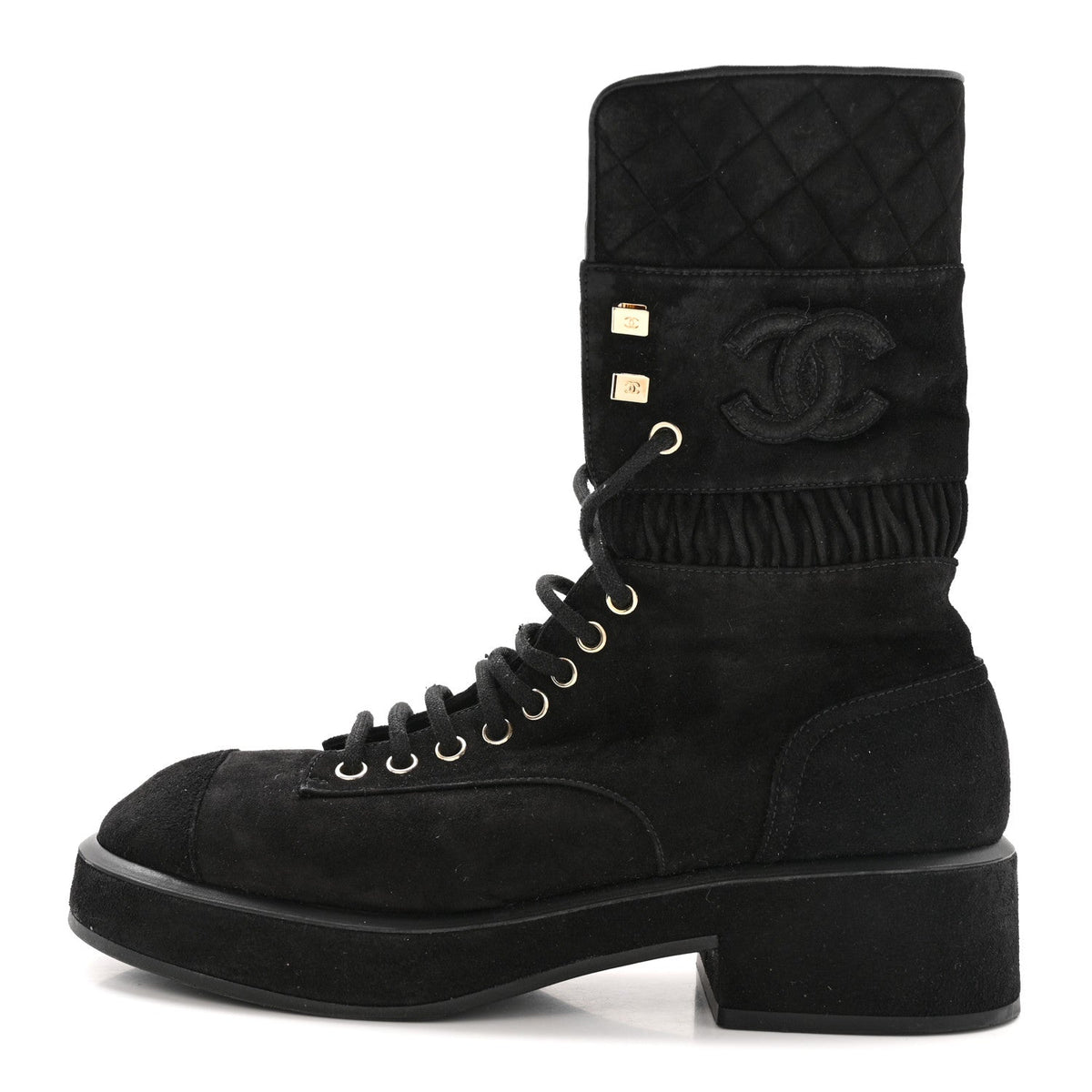 Chanel Suede Quilted Women's CC Lace Up Combat Boots 38.5 Black
