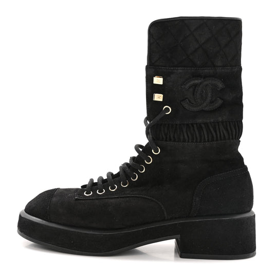 Chanel Suede Quilted Women's CC Lace Up Combat Boots 38.5 Black