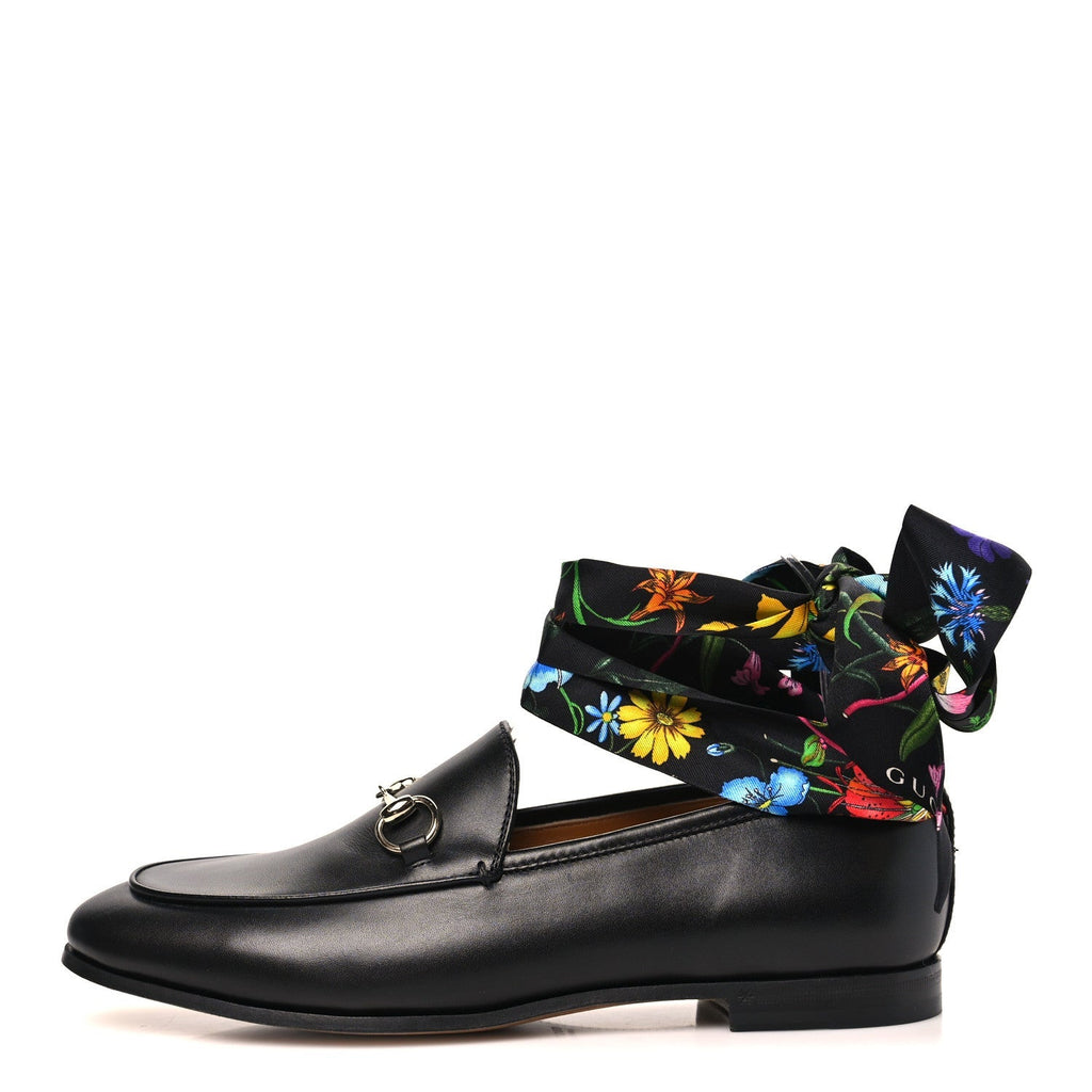 Gucci Betis Glamour Calfskin Silk Women's Jordaan Loafers 38 Black Multicolor