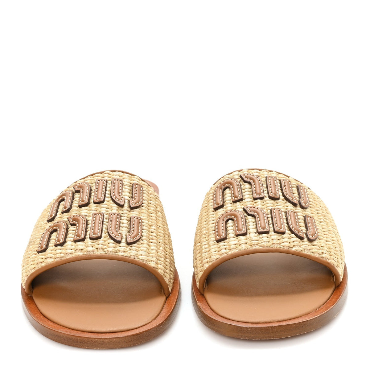 Miu Miu Stuoia Raffia Calfskin Women's Logo Sandals 36 Naturale