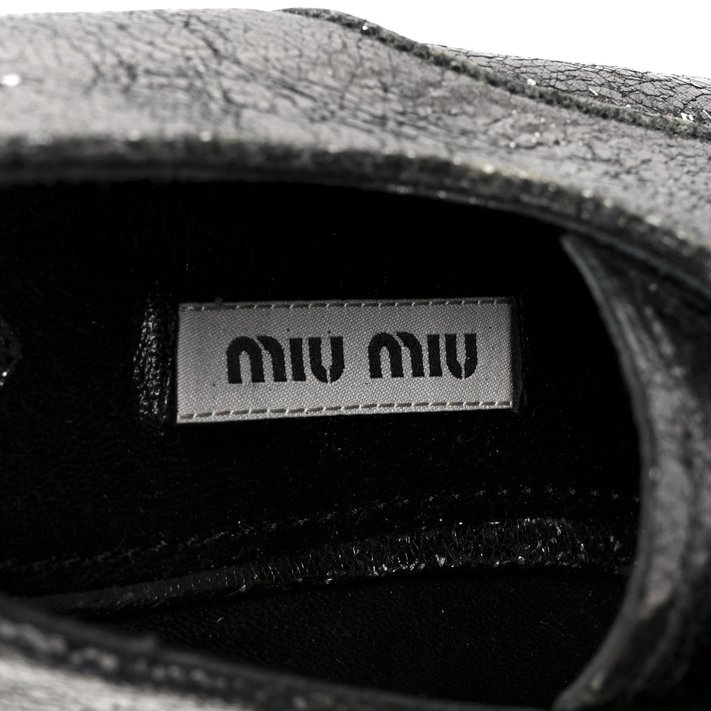 Miu Miu Crinkled Patent Women's Lace Up Oxford Flats 37.5 Dark Silver