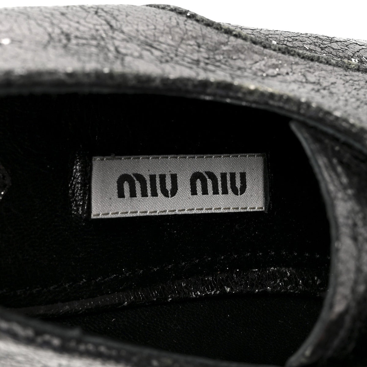 Miu Miu Crinkled Patent Women's Lace Up Oxford Flats 37.5 Dark Silver