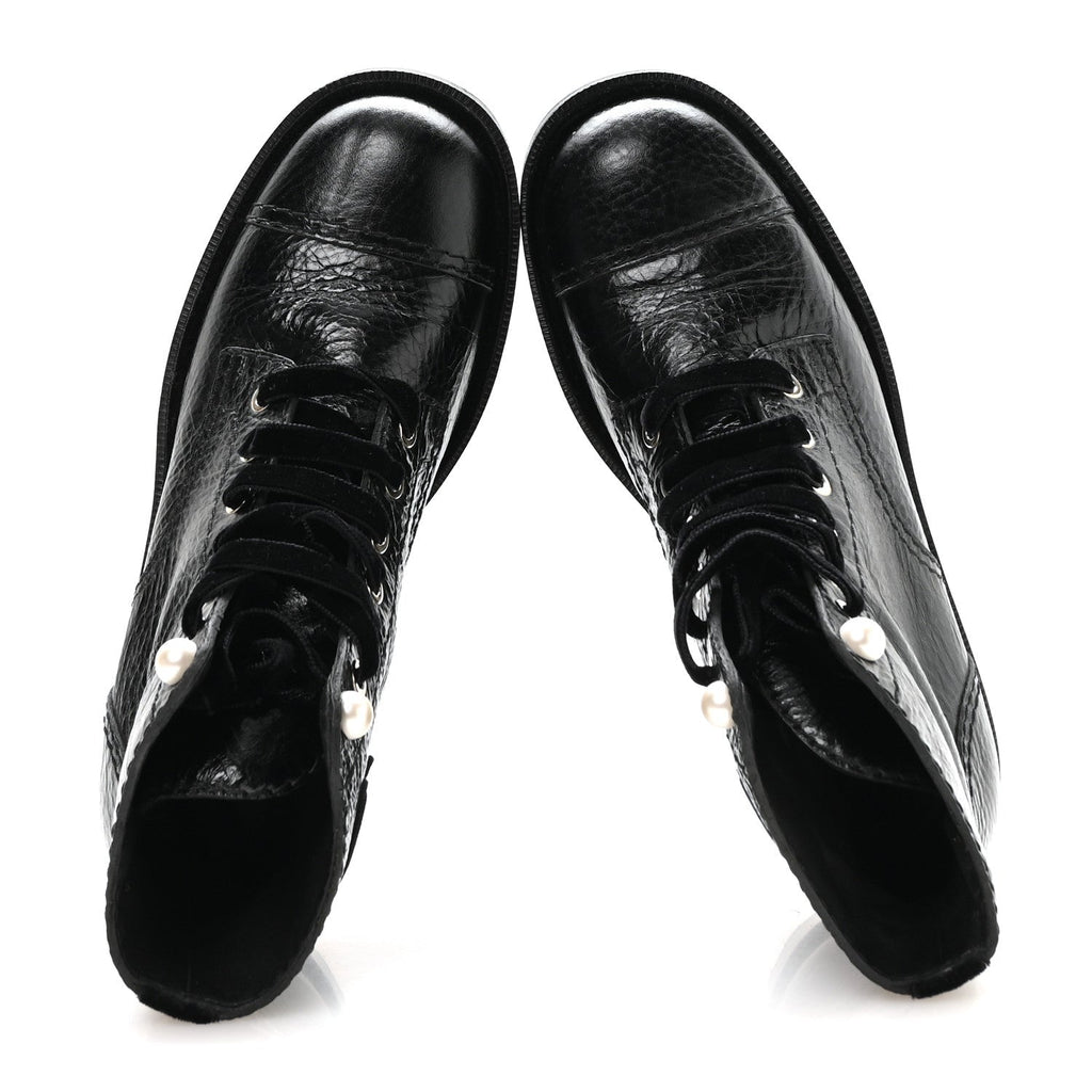 Chanel Shiny Calfskin Velvet Women's Combat Short Boots 37.5 Black