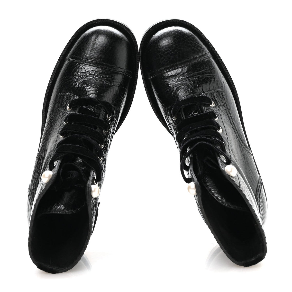 Chanel Shiny Calfskin Velvet Women's Combat Short Boots 37.5 Black