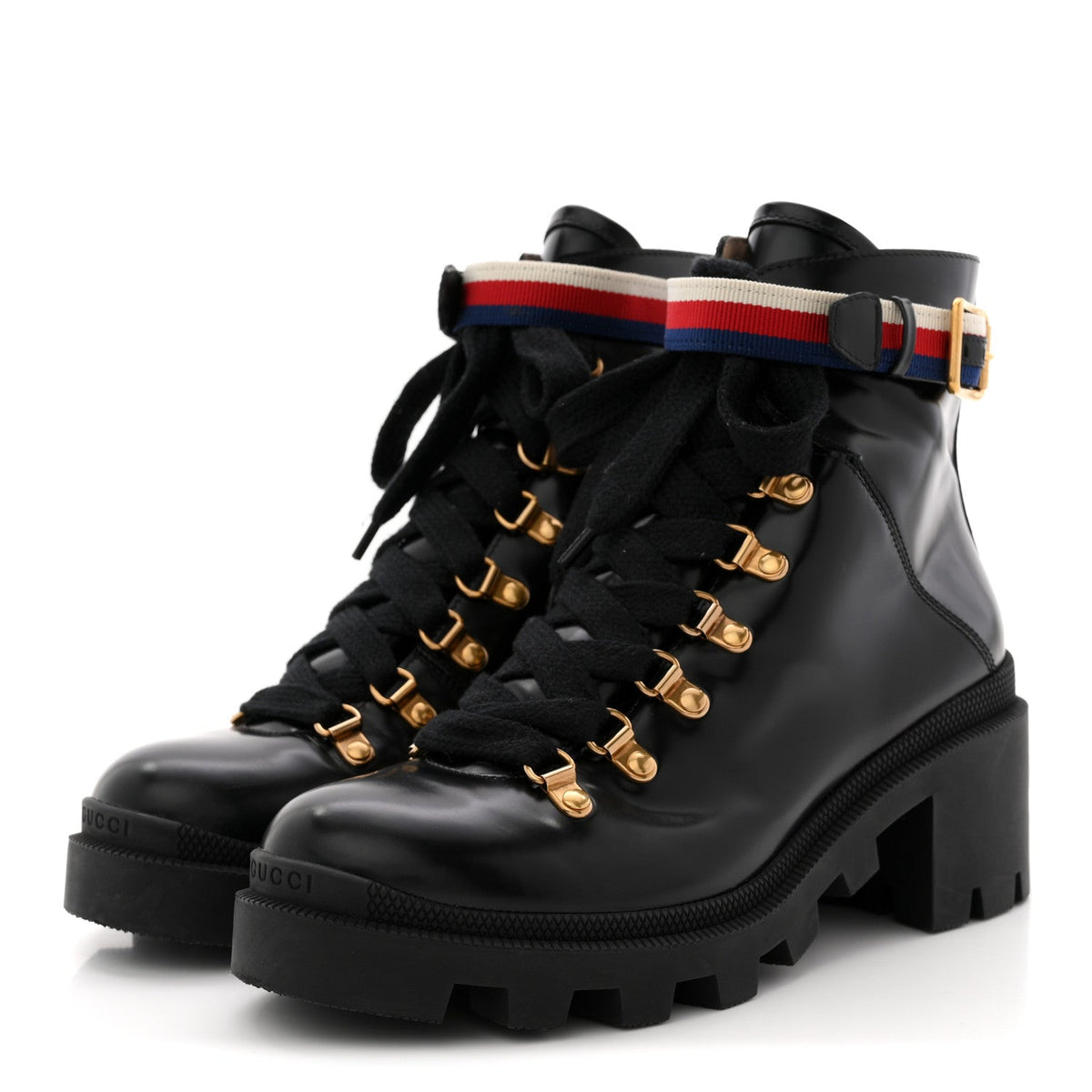 Gucci Calfskin Sylvie Web Women's Lace Up Combat Boots 38 Black