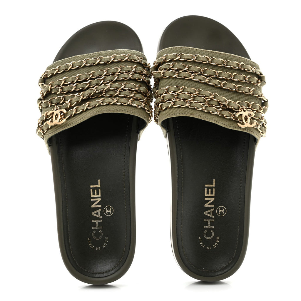 Chanel Canvas Chain Women's Flat Sandals Khaki