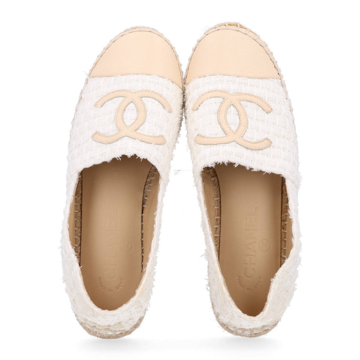 Chanel Tweed Grosgrain Women's CC Espadrilles 36 White Beige