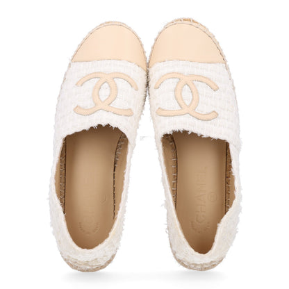 Chanel Tweed Grosgrain Women's CC Espadrilles 36 White Beige