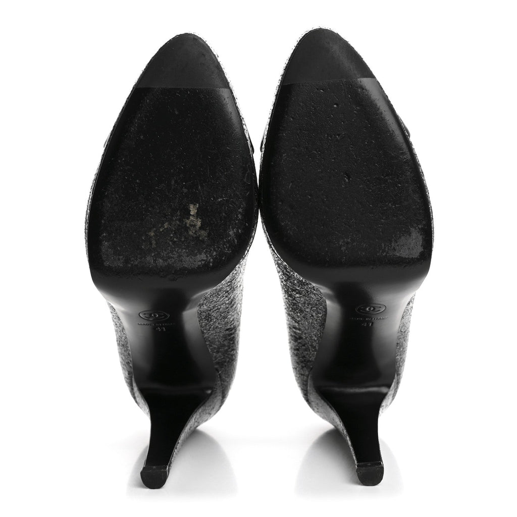 Chanel Metallic Crackled Calfskin Patent Cap Toe Women's Pumps 41 Silver Black