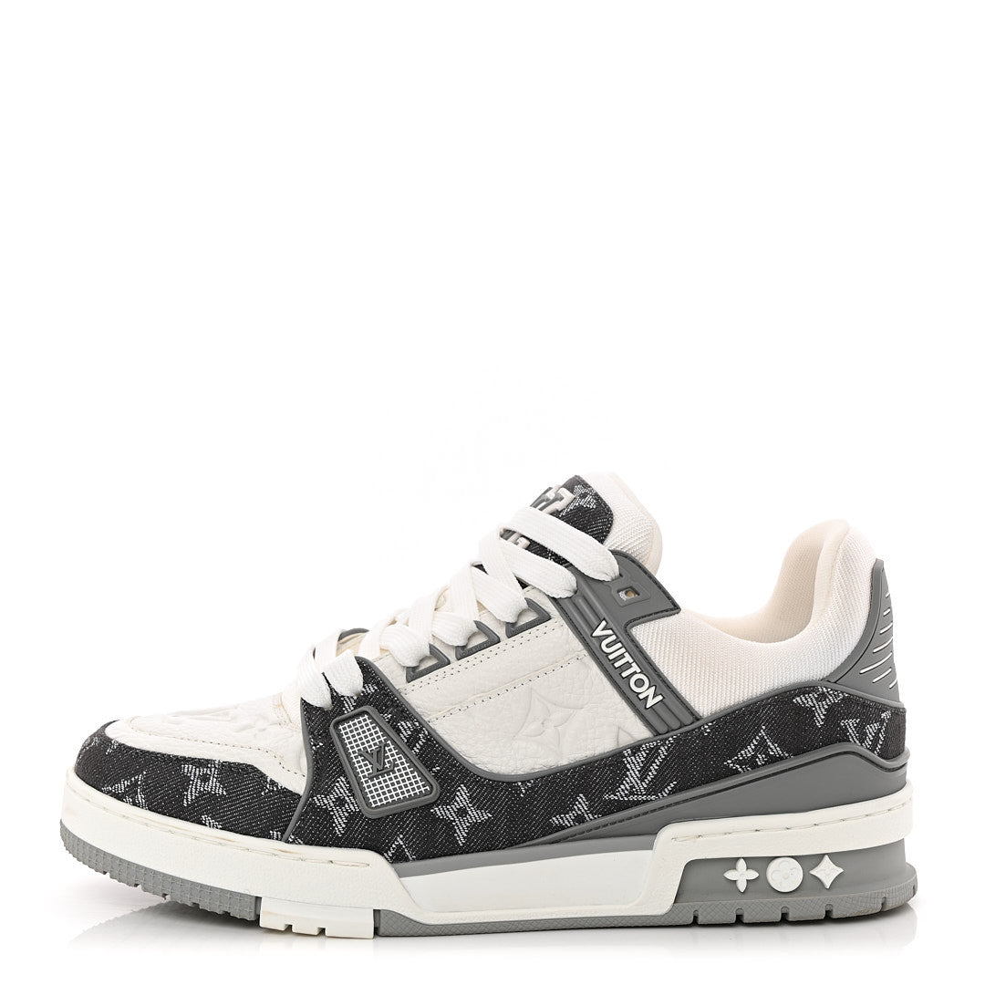 Louis Vuitton Calfskin Embossed Monogram Denim Men's LV Trainer Sneakers 5.5 Grey