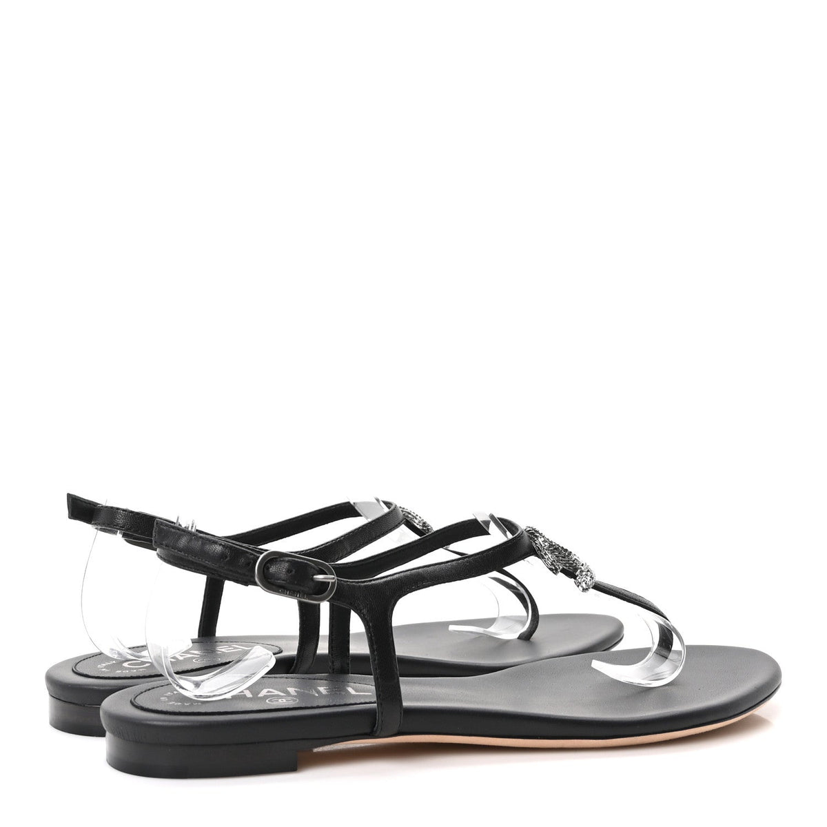 Chanel Lambskin Crystal Women's CC Thong Sandals 38 Black