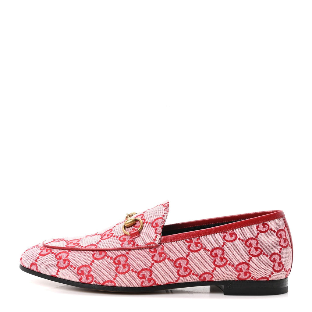 Gucci Canvas Women's GG Jordaan Loafers 37.5 Hibiscus Red