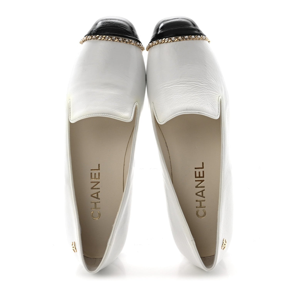 Chanel Patent Cap Toe Chain Women's Moccasin Loafers White Black