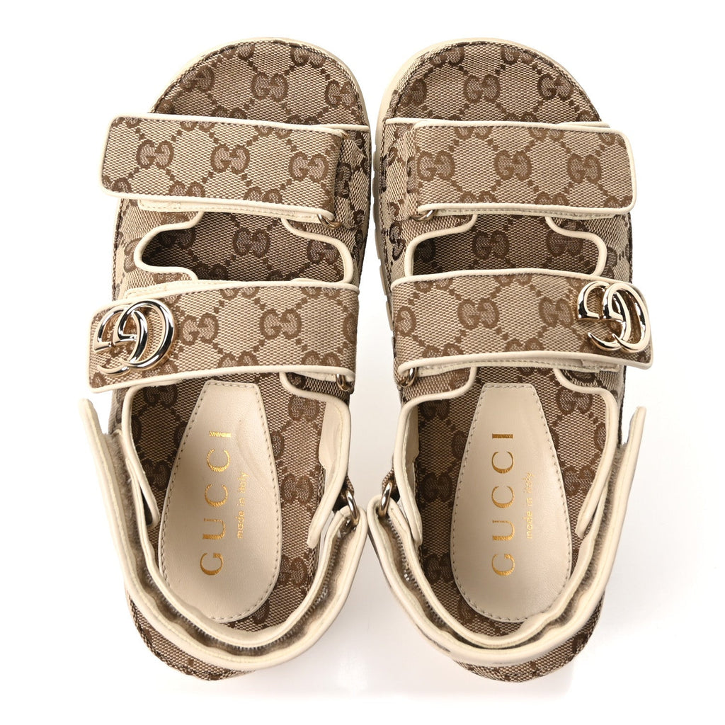 Gucci Canvas Suede Women's Double G Dad Sandals 37 Beige Ebony New Acero