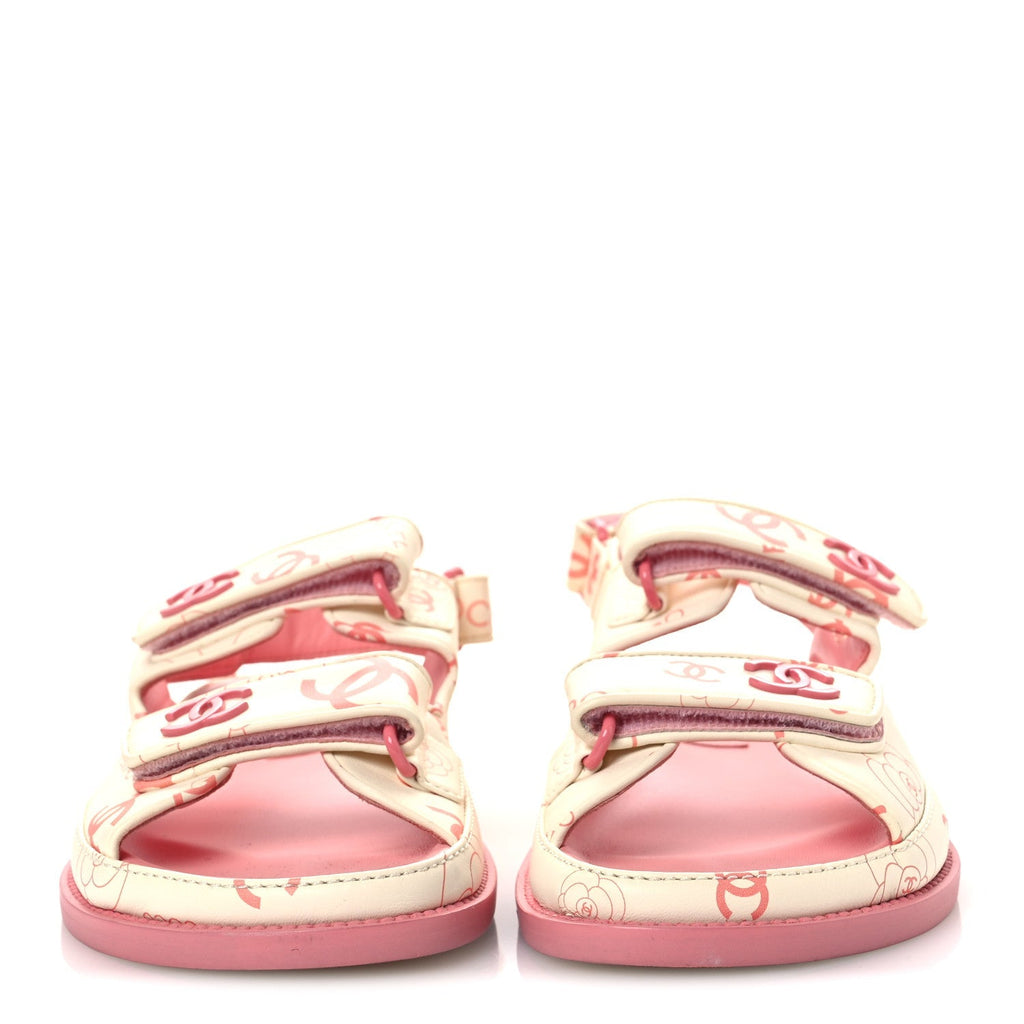 Chanel Lambskin Women's Printed CC Velcro Dad Sandals 37 White Pink
