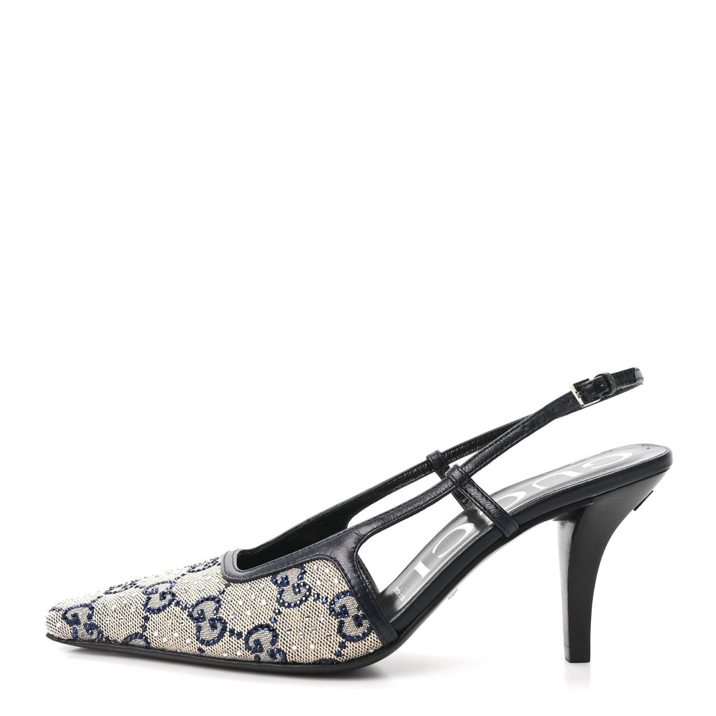 Gucci GG Monogram Malaga Kid Women's Square G Slingback Pumps 36.5 Beige Blue