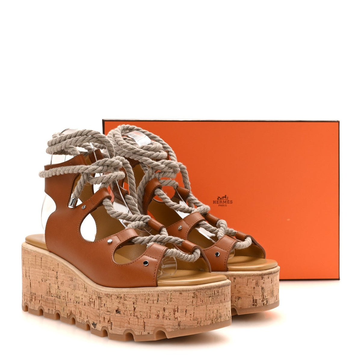 Hermes Calfskin Cork Women's Medusa 30 Sandals 37 Naturel