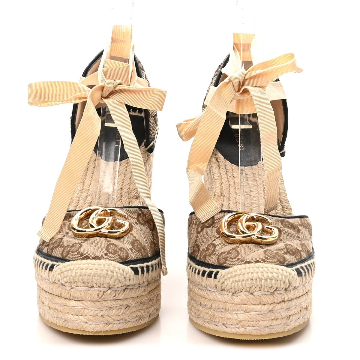 Gucci Canvas Women's GG Marmont Platform Espadrille Wedges 37.5 Beige Black