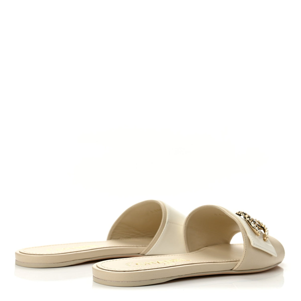 Chanel Lambskin Pearl Crystal CC Women's Mules Sandals 36 Light Beige White