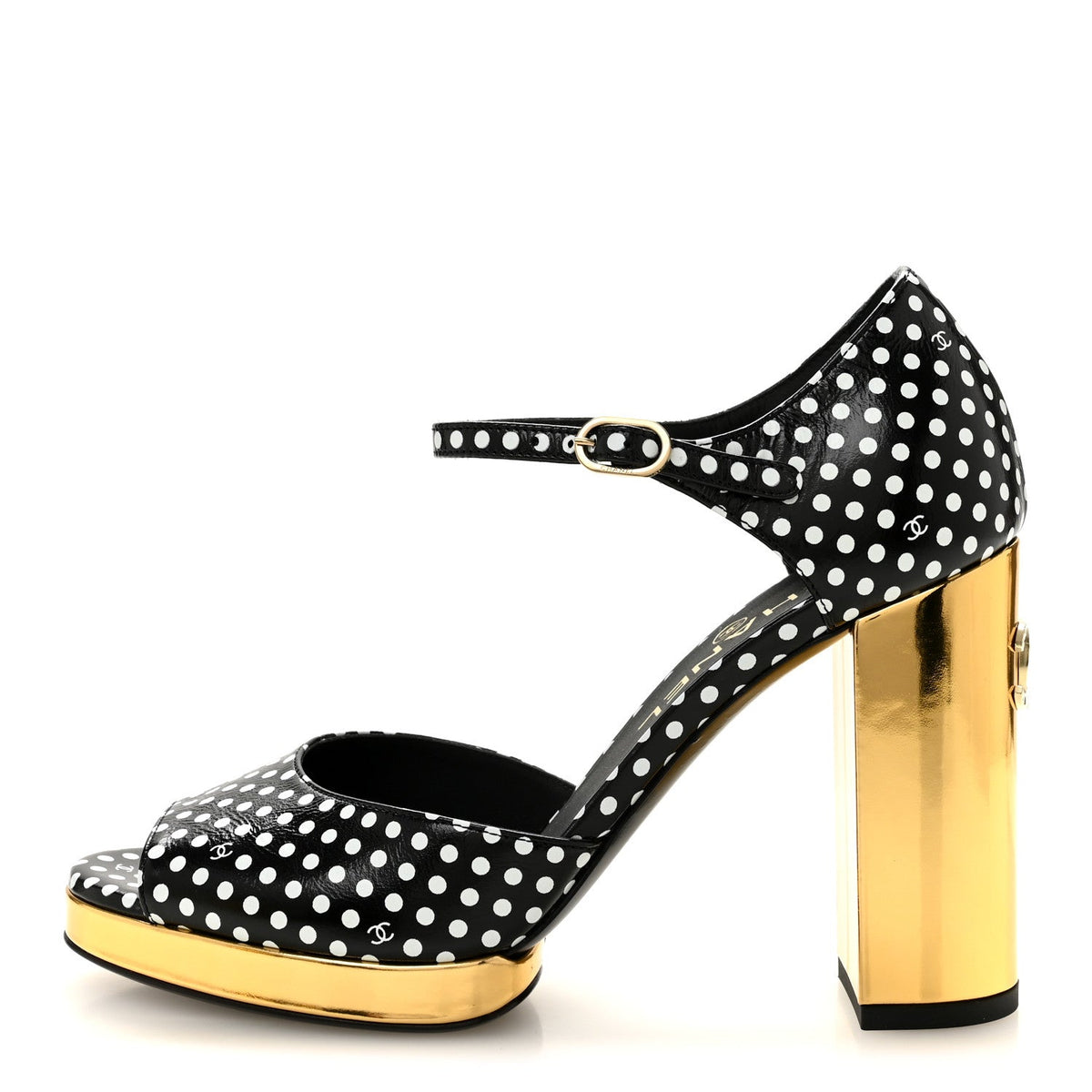 Chanel Printed Calfskin Women's Polka Dot CC Platform Sandals 37 Black White