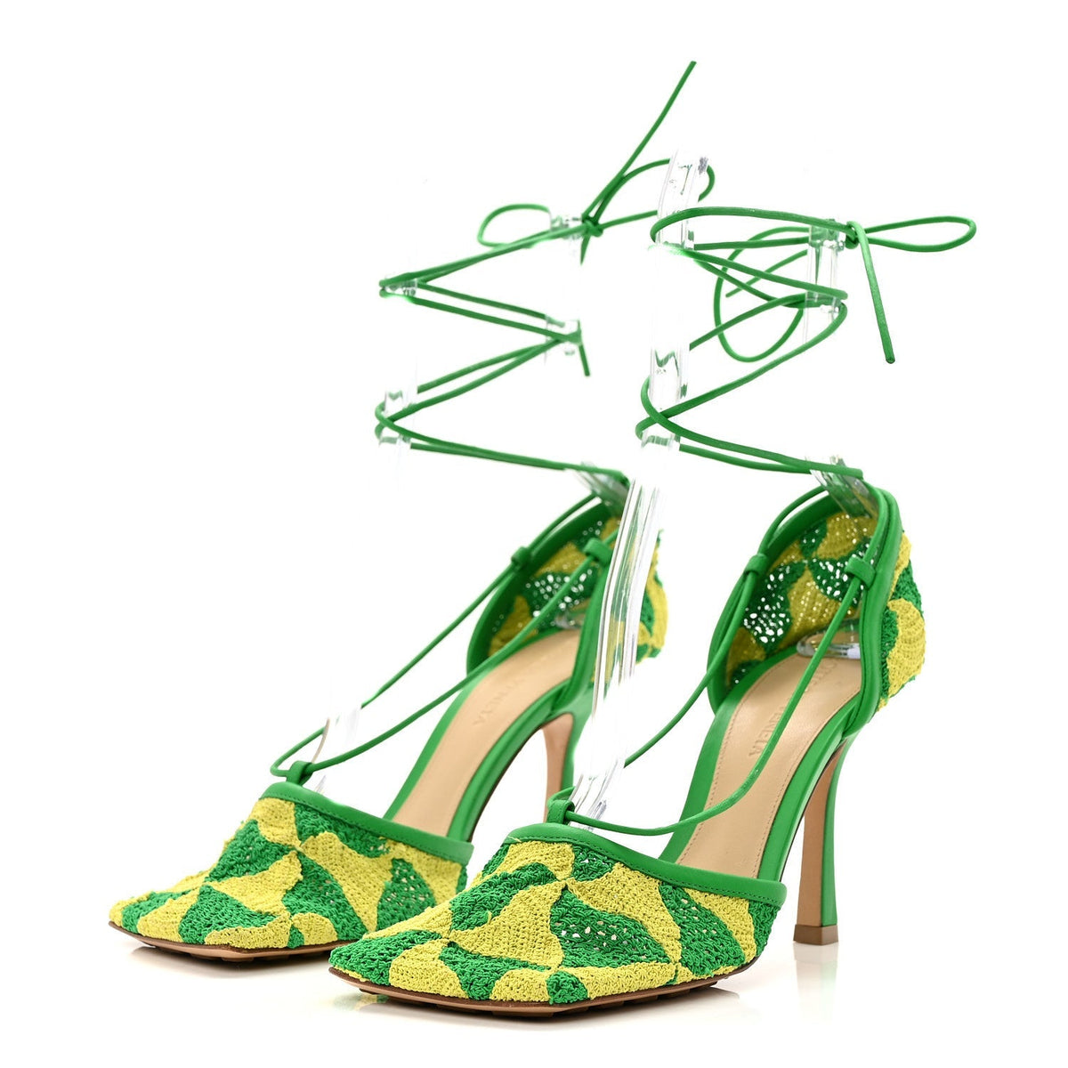 Bottega Veneta Crochet Lambskin Women's Stretch Ankle Tie Sandals 37 Kiwi Parakeet