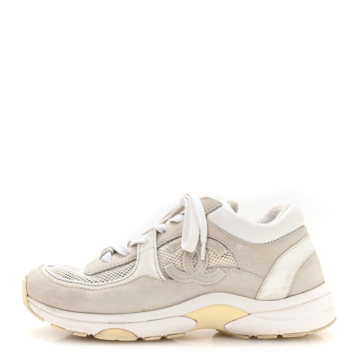 Chanel Suede Calfskin Women's CC Sneakers 37.5 White
