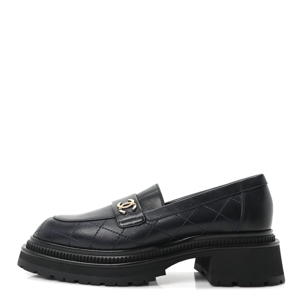 Chanel Calfskin Quilted CC Women's Mocassin Loafers Navy Blue