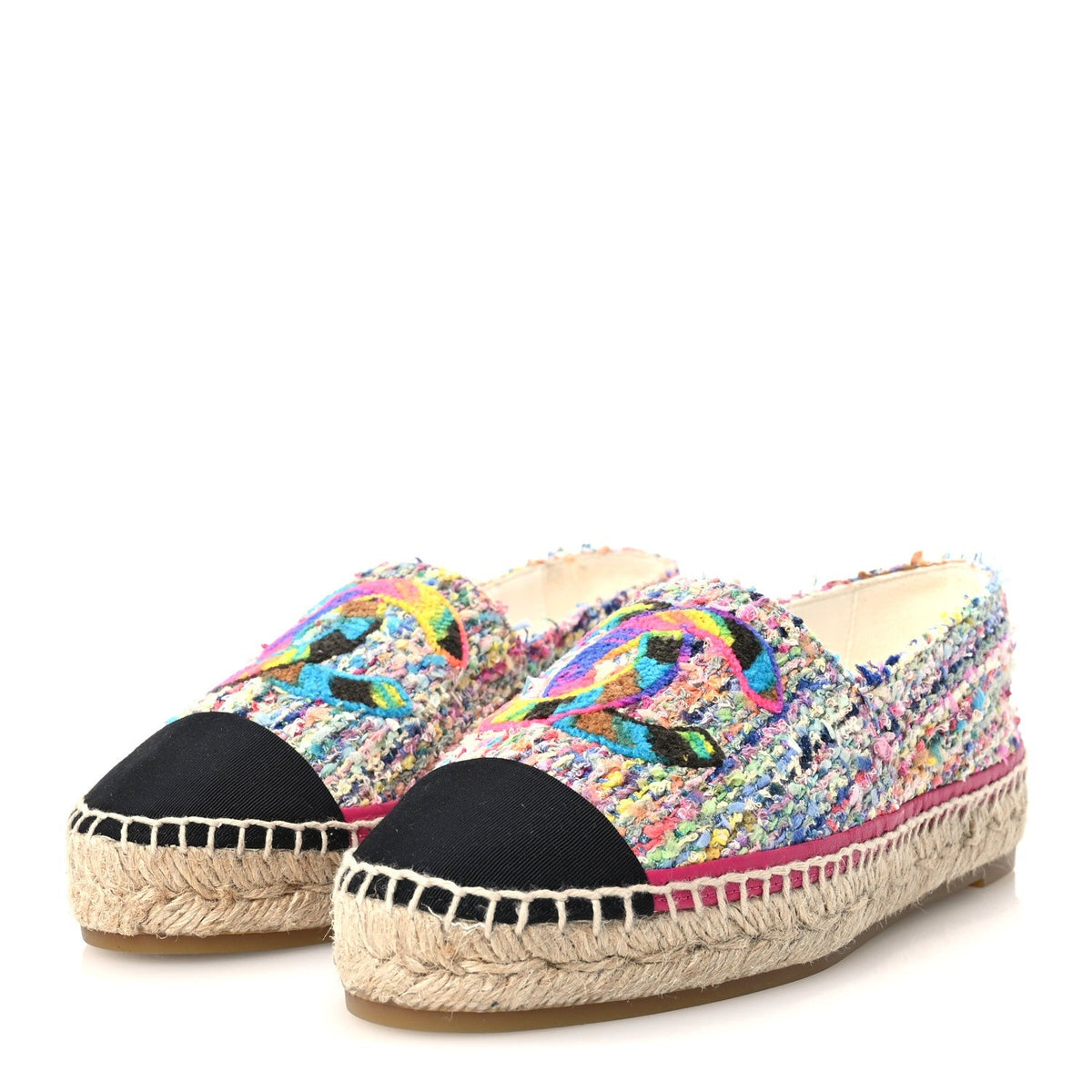 Chanel Cotton Tweed Grosgrain Women's CC Espadrilles 36 Multicolor Black