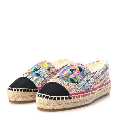 Chanel Cotton Tweed Grosgrain Women's CC Espadrilles 36 Multicolor Black