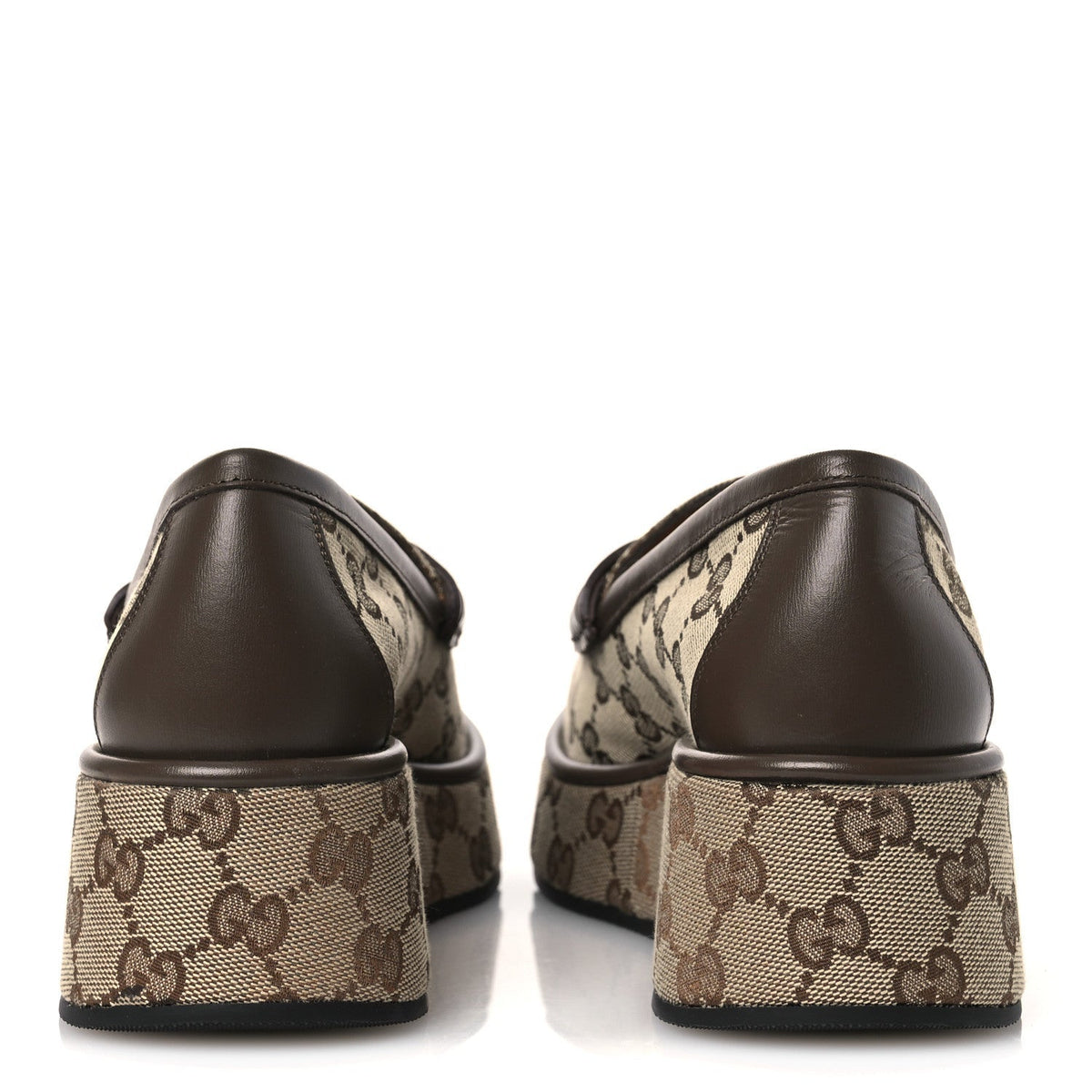 Gucci Monogram Canvas Women's Horsebit Wedge Platform Loafers 37 Beige Ebony