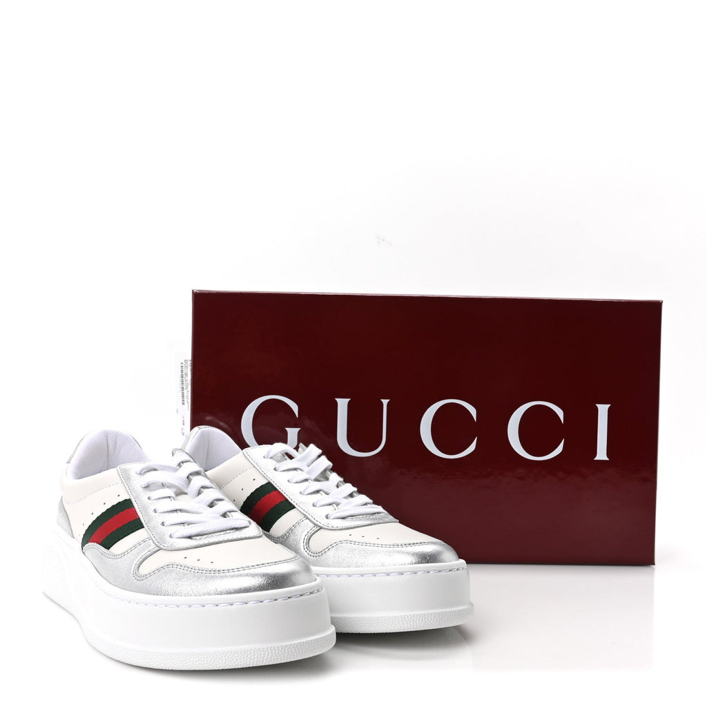 Gucci Metallic Nappa Web Women's Chunky Sneakers 38 Silver