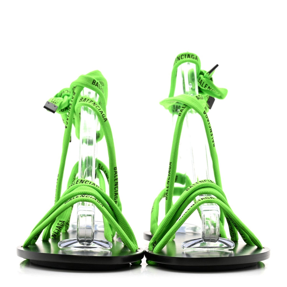 Balenciaga Nylon Calfskin Women's Logo Lace Flat Sandals 37 Neon Green