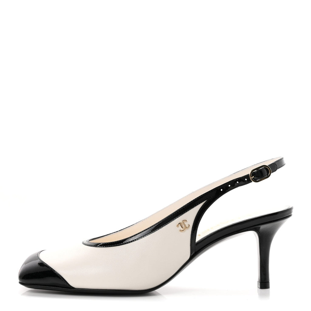 Chanel Lambskin Patent Calfskin Women's Cap Toe CC Slingback Pumps 38 White Black