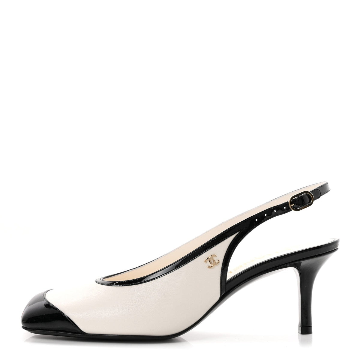 Chanel Lambskin Patent Calfskin Women's Cap Toe CC Slingback Pumps 38 White Black
