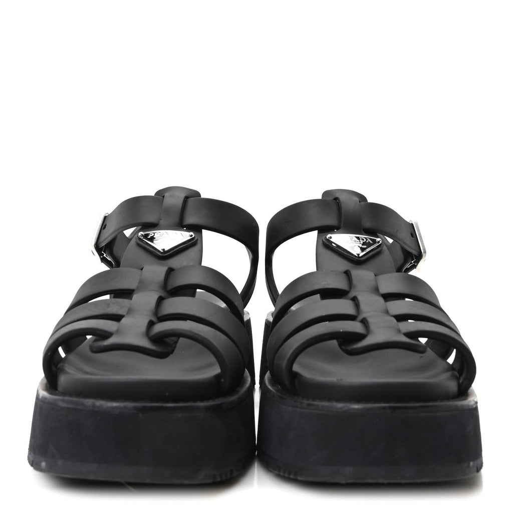 Prada Foam Rubber Women's Triangle Logo Soft Cage Sandals Black
