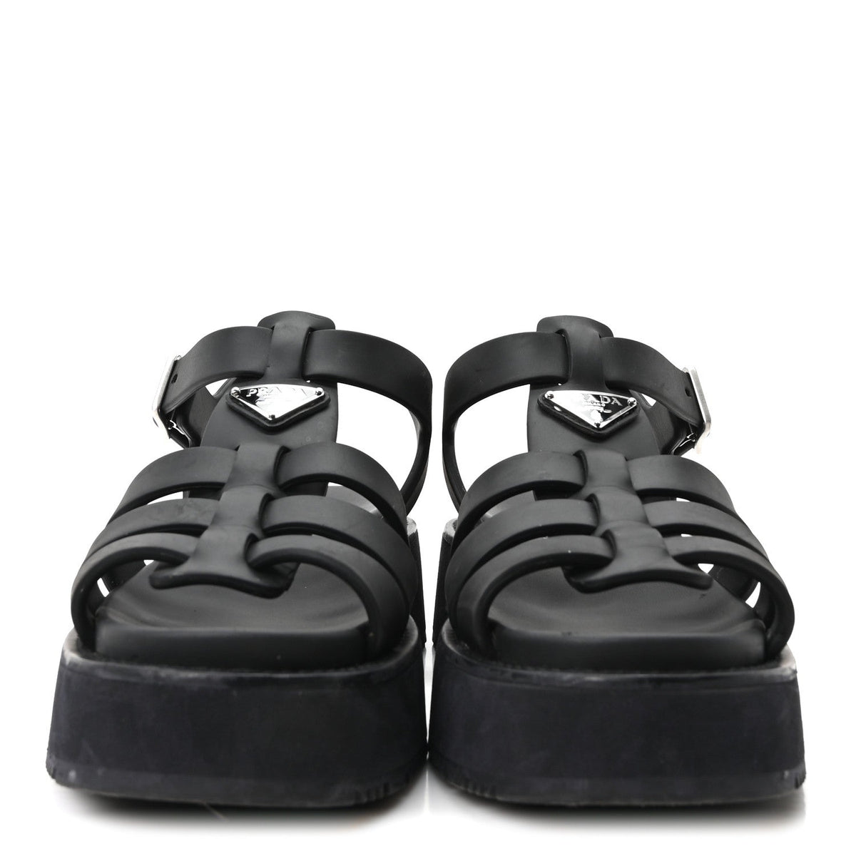 Prada Foam Rubber Women's Triangle Logo Soft Cage Sandals Black