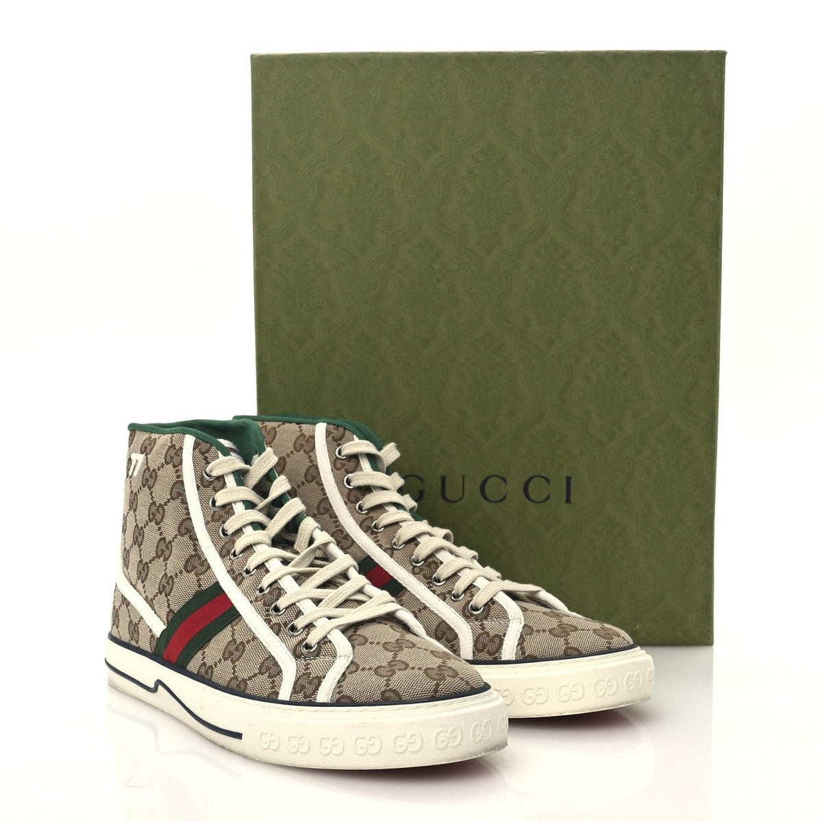 Gucci Fabric Men's GG Monogram Tennis 1977 High Top Sneakers 9 Beige Ebony