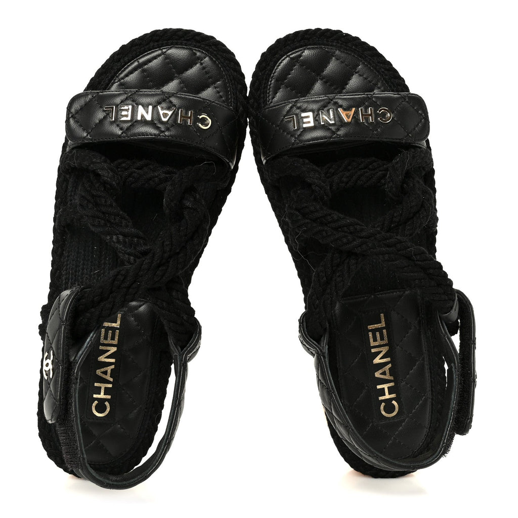Chanel Cord Lambskin Women's Quilted Logo Sandals 37 Black