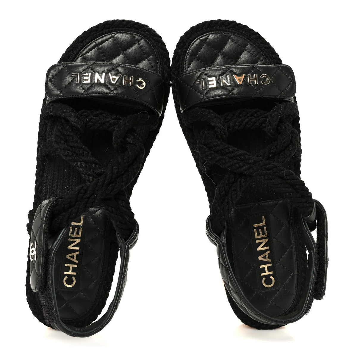 Chanel Cord Lambskin Women's Quilted Logo Sandals 37 Black