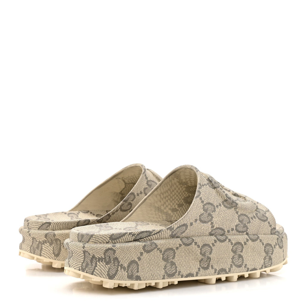 Gucci Canvas Rubber Men's Interlocking G Platform 42mm Slide Sandals 10 Beige Ebony