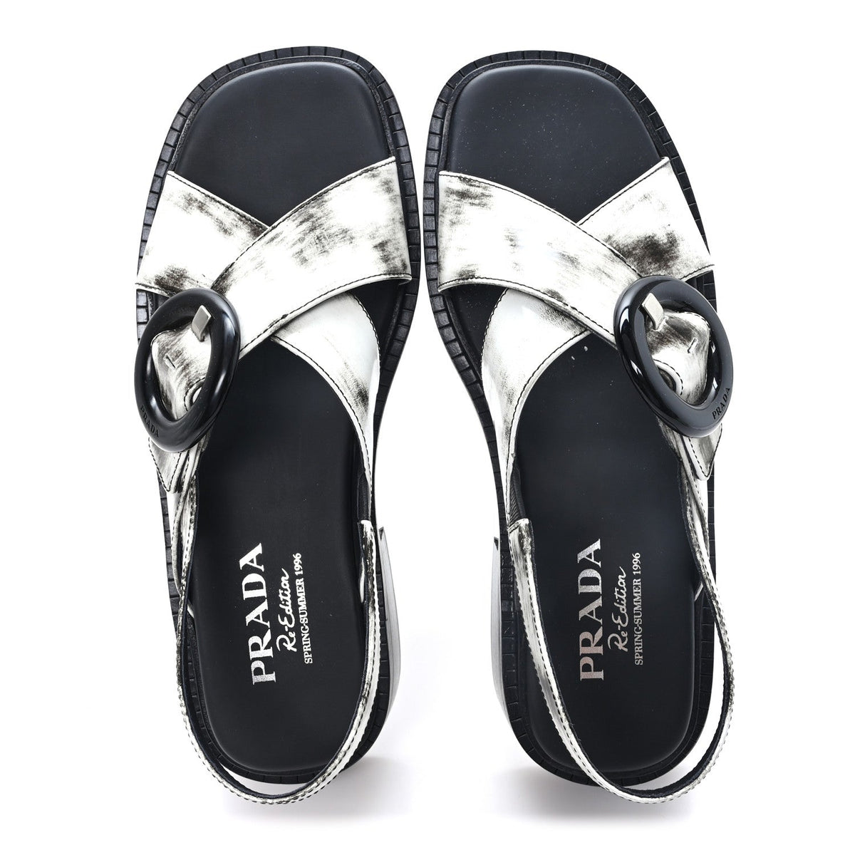 Prada Spazzolato Calfskin Women's Re-Edition 1996 Buckle Sandals 39 Bianco