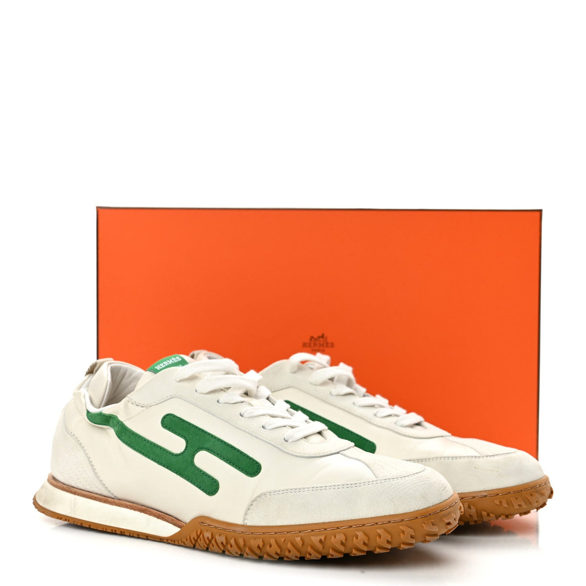 Hermes Nappa Suede Goatskin Jet Men's Sneakers White Vert Jungle