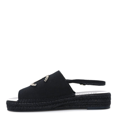 Chanel Canvas Strass CC Women's Espadrille Slingback Sandals 38 Black