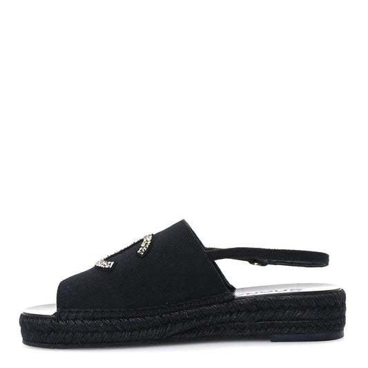 Chanel Canvas Strass CC Women's Espadrille Slingback Sandals 38 Black