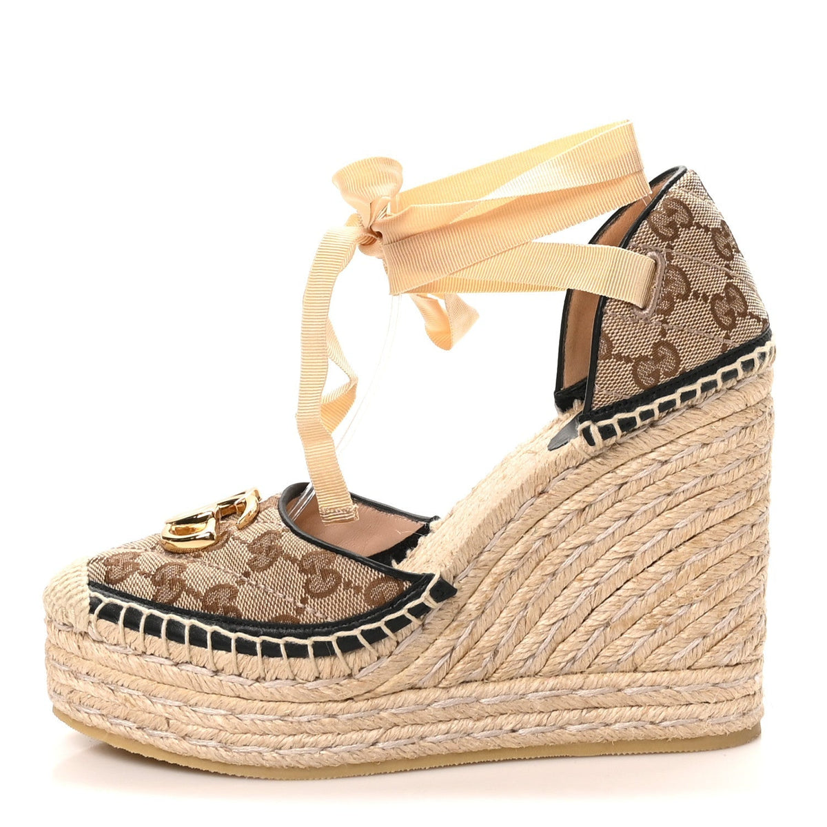 Gucci Canvas Women's GG Marmont Platform Espadrille Wedges 37.5 Beige Black