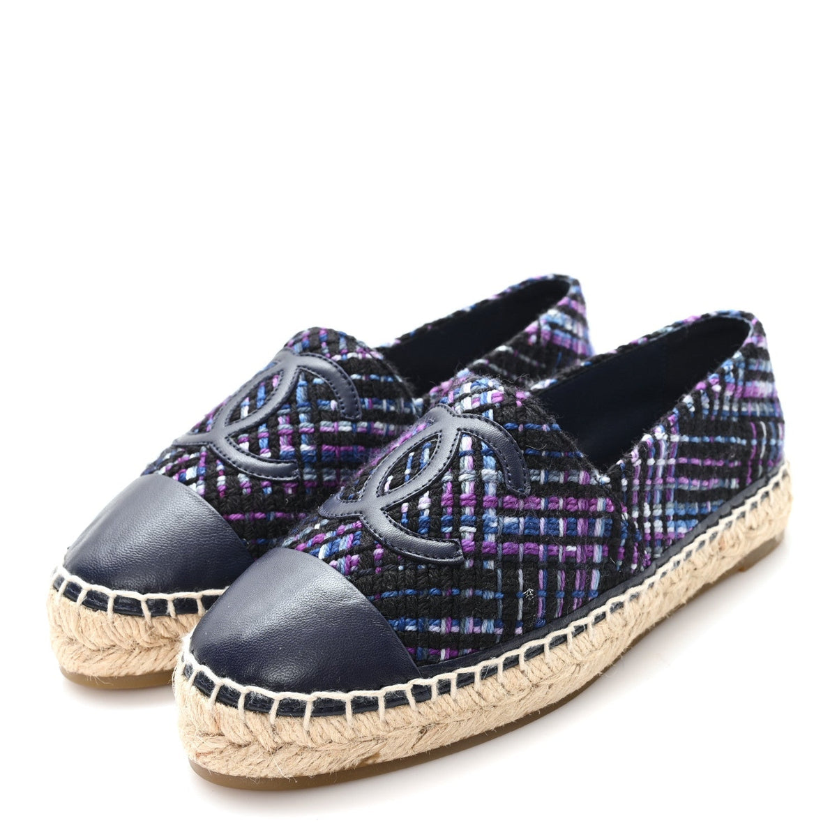 Chanel Tweed Grosgrain Women's CC Espadrilles 35 Purple Black Navy