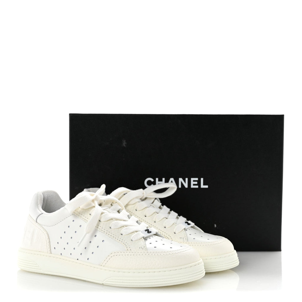 Chanel Grained Calfskin Fabric Women's Logo Sneakers 37.5 White