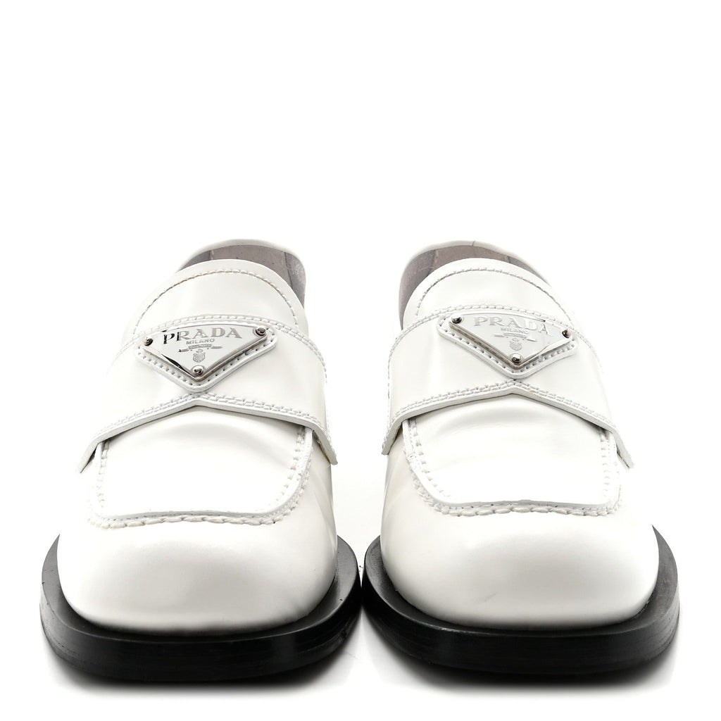 Prada Spazzolato Women's Triangle Logo 20mm Loafers 35 White