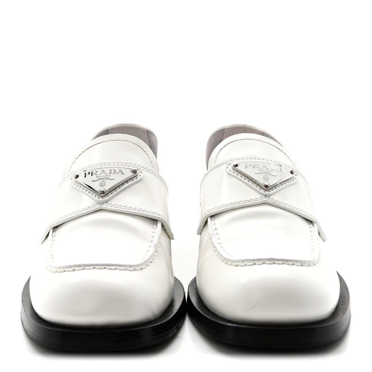 Prada Spazzolato Women's Triangle Logo 20mm Loafers 35 White